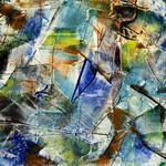 Dynamic abstract expressionist painting with vibrant colors and textured patterns.